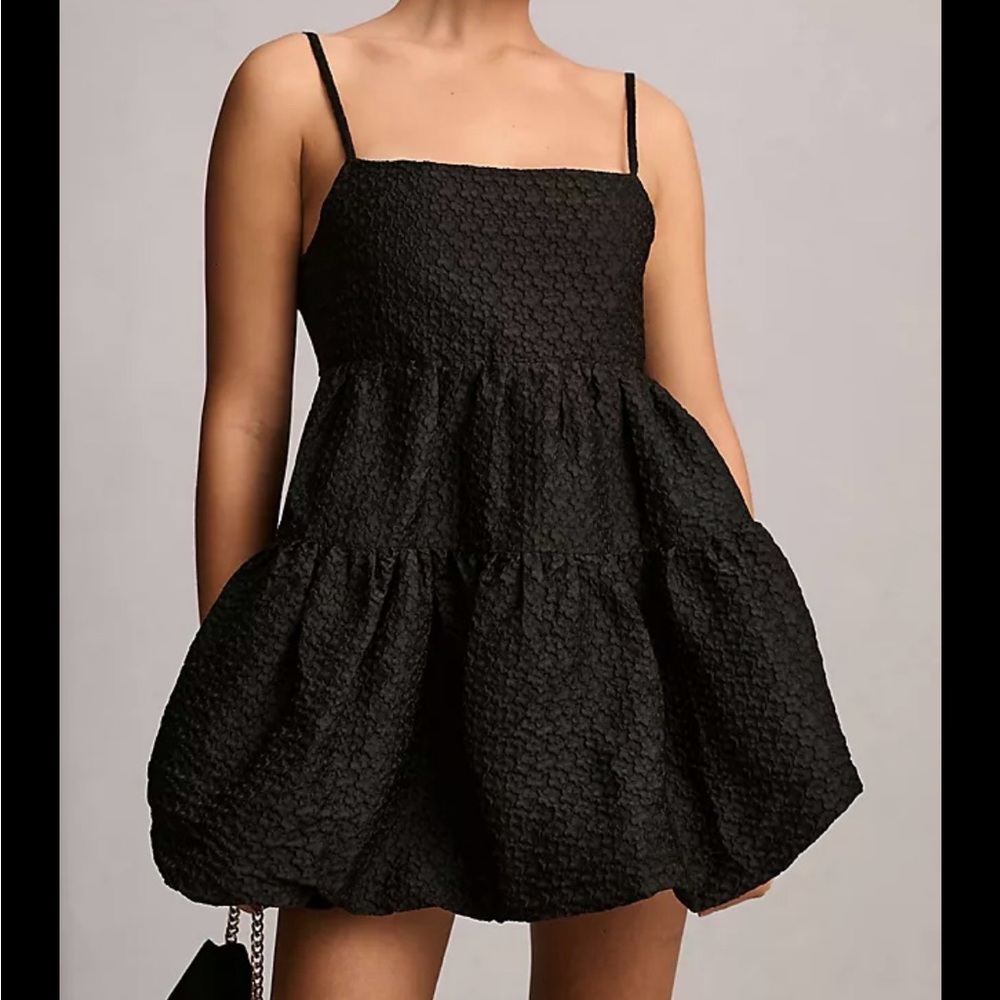 NWT Aureta x Anthropologie Black Textured Square Neck Bubble Hem Mini Dress